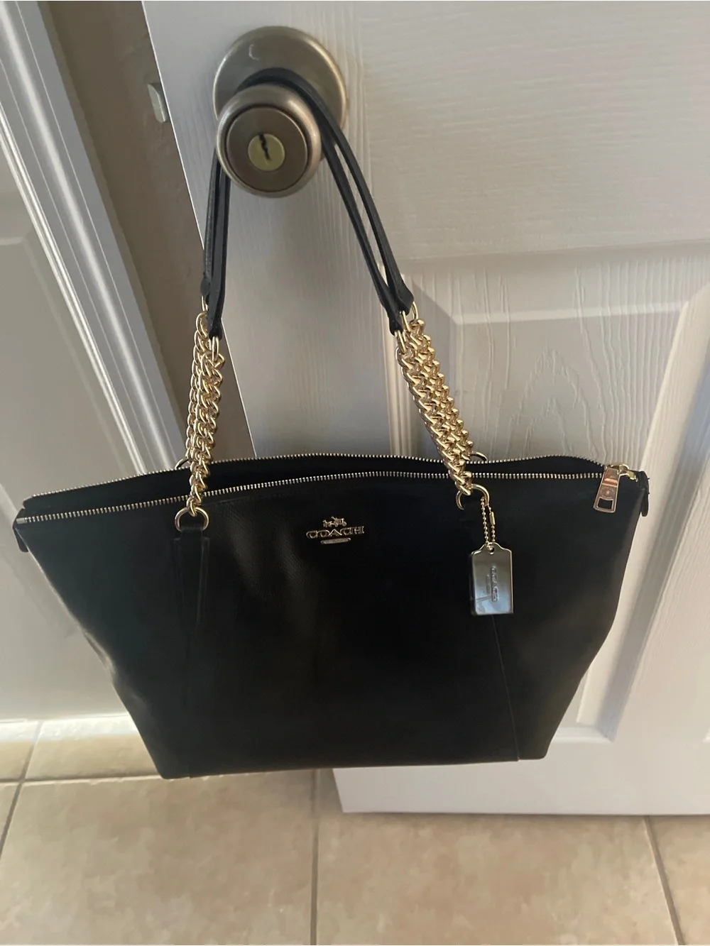 Coach Black Leather Cammie Tote with Gold Chain Handles